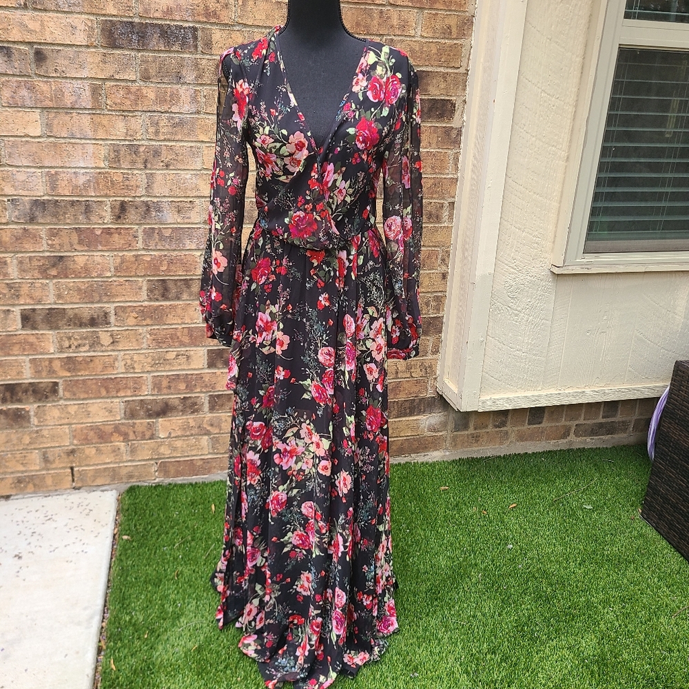 Maxi Formal Black Long floral dress. Wedding guest Dress size S